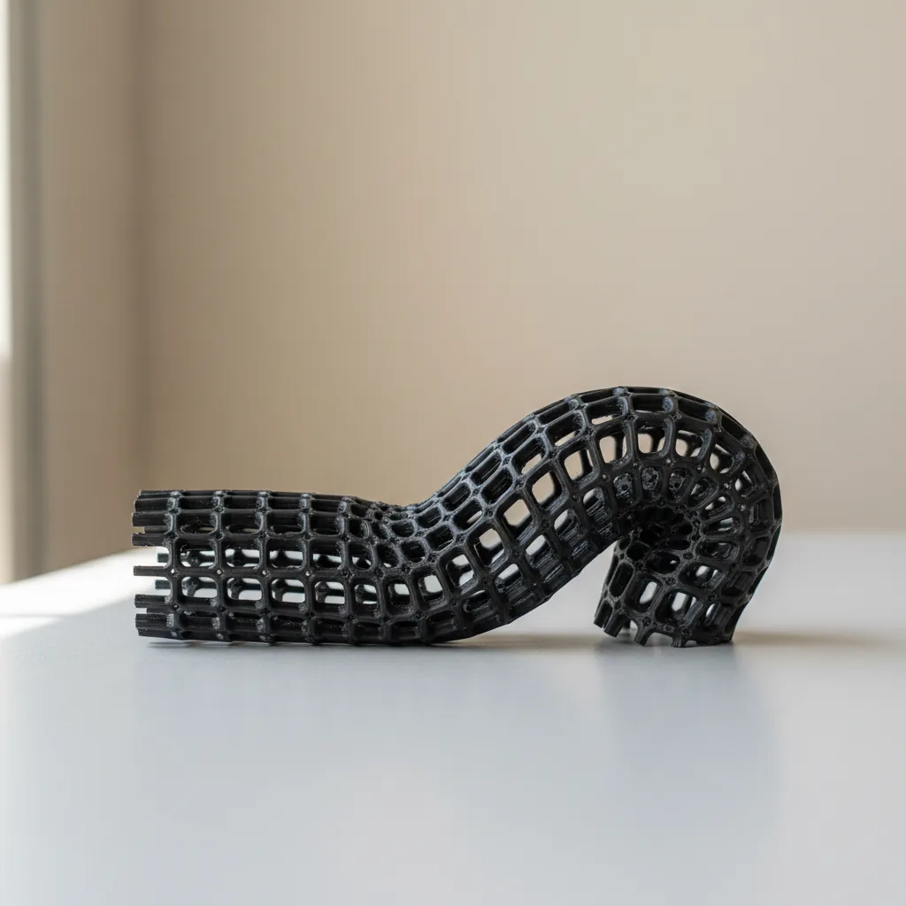 A flexible black 3D-printed TPU part shown bent and compressed to demonstrate its flexibility