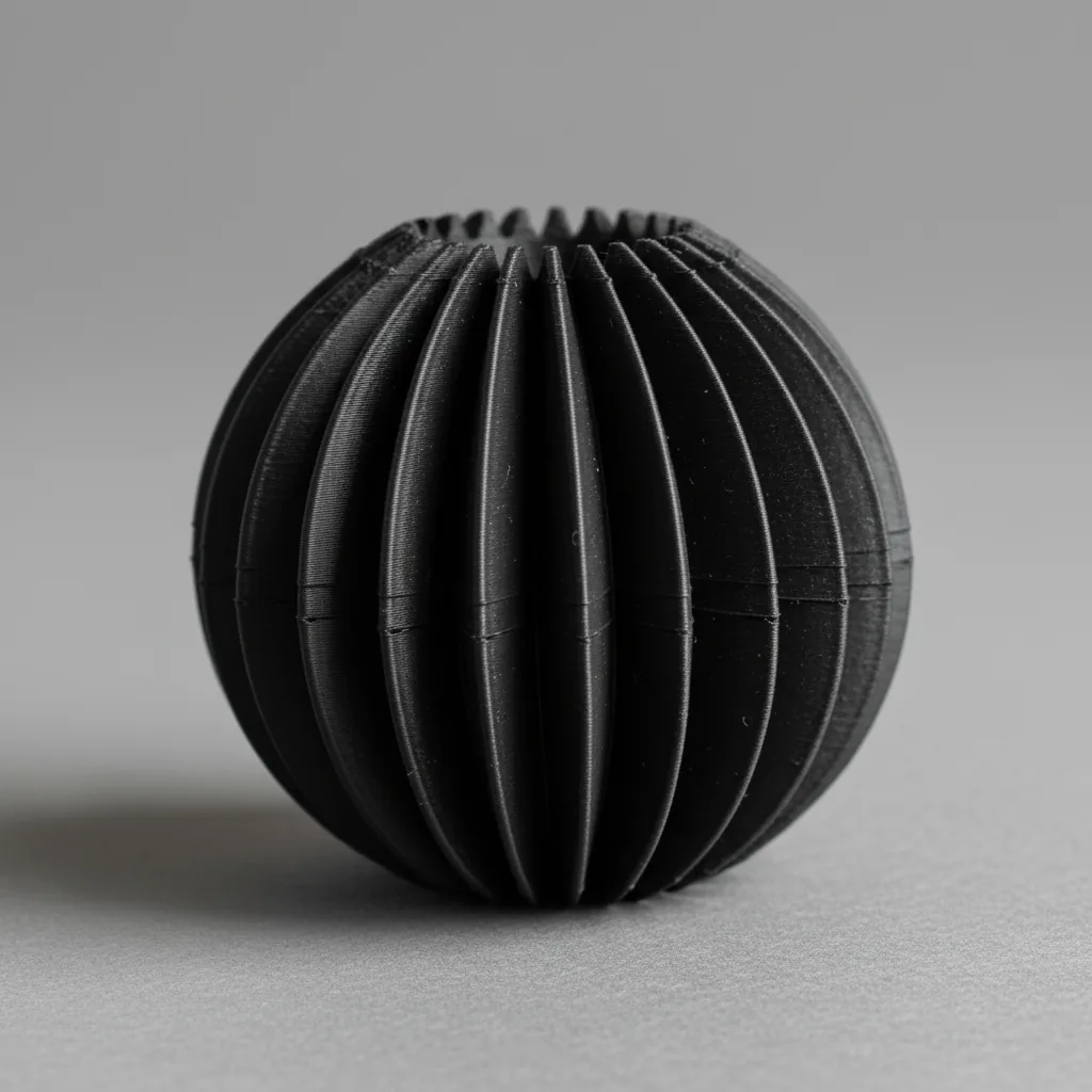 A single black flexible 3D-printed TPU bellows part with concertina folds