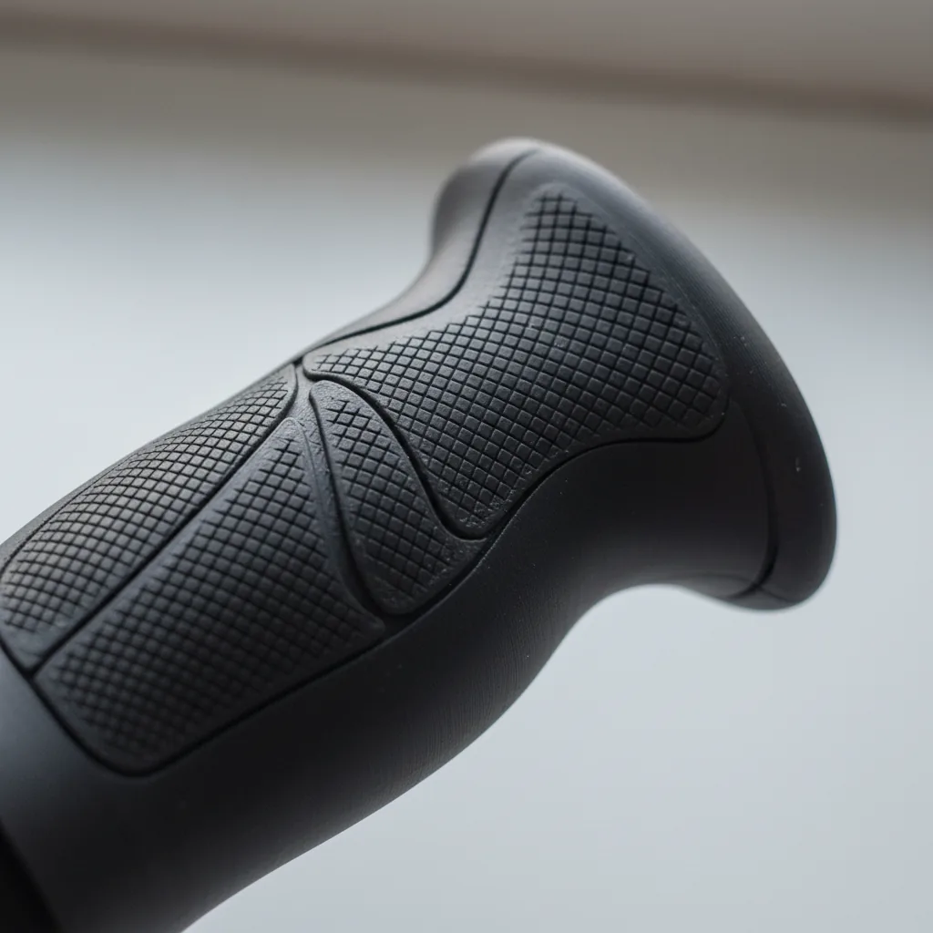 A black soft-touch 3D-printed TPU grip showing its textured ergonomic surface