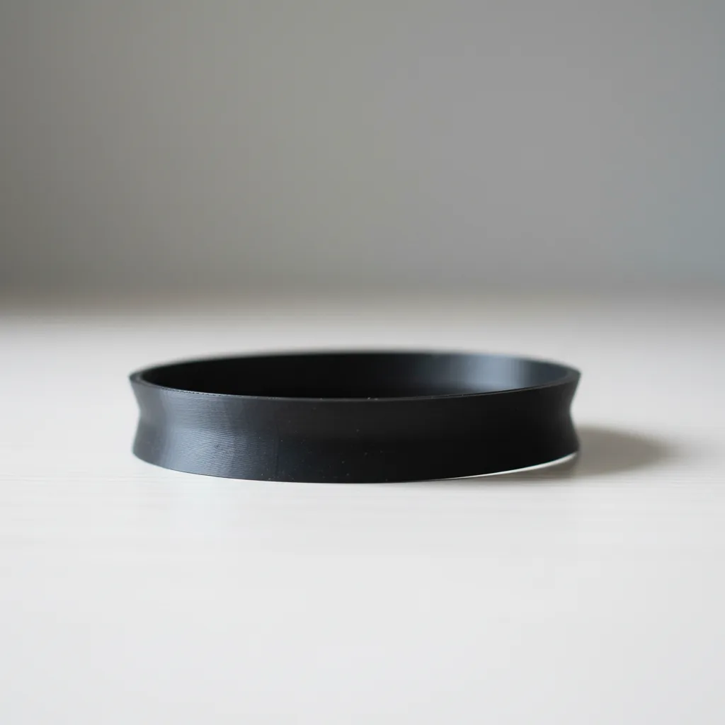 Macro photo of a matt black flexible 3D-printed TPU gasket with a soft rubbery finish on a clean light bench