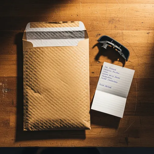 A padded mailing envelope on a workshop bench with a small broken plastic part and a folded note