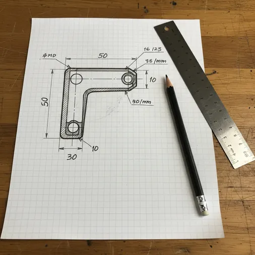A hand-pencilled sketch of a mechanical part with measurements labelled in millimetres