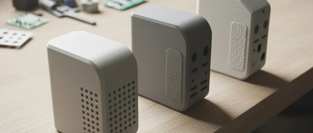 Three prototype iterations V1, V2, V3 of the enclosure lined up on the bench showing successive refinements