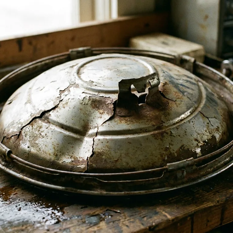 Cracked weathered original car hub cap with a broken clip