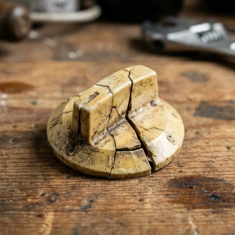 Cracked worn original kitchen cooker control knob on a workshop bench