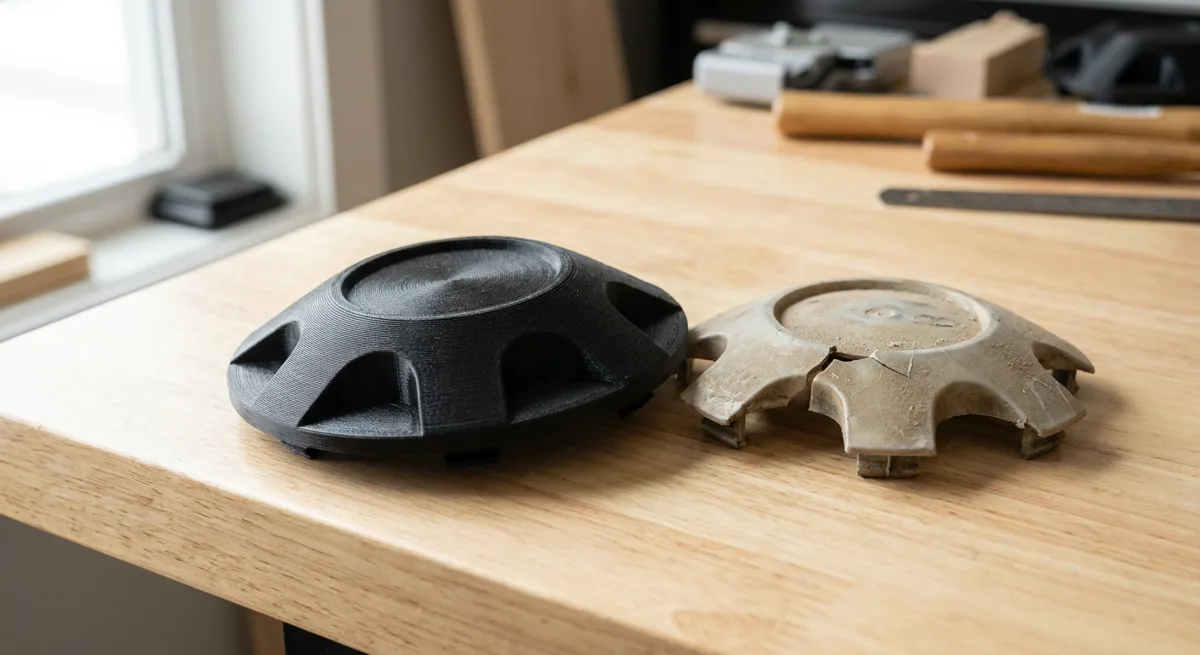 A freshly 3D printed matte black replacement hub cap beside the cracked original on a workshop bench