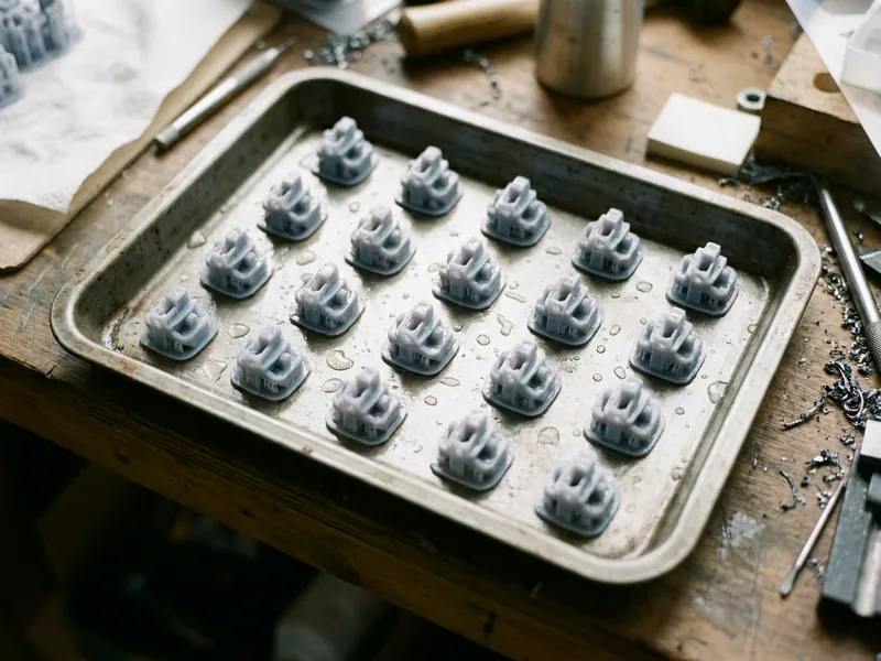 Illustration: a tray of identical small resin printed parts after washing, lined up on the workshop bench ready for finishing