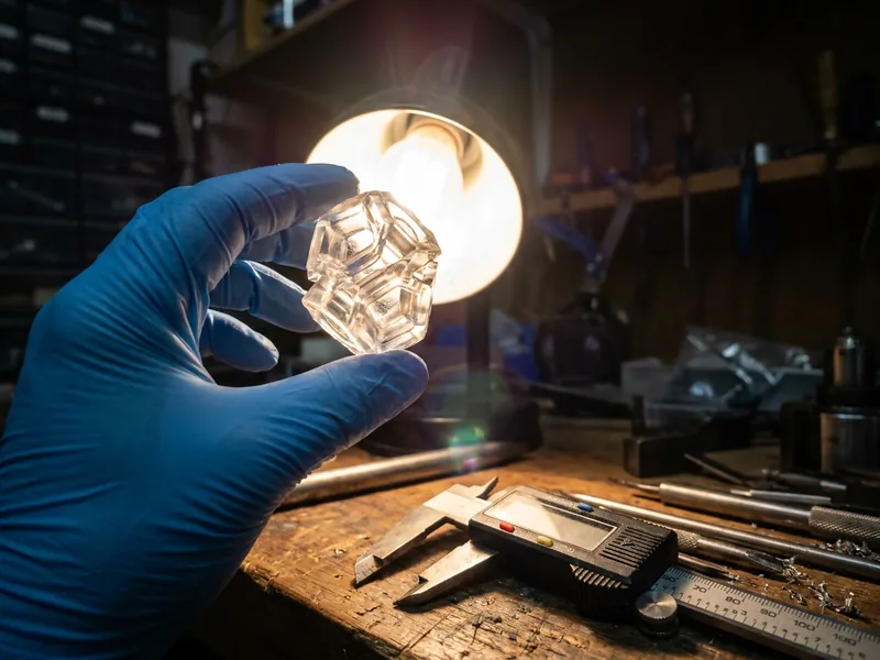 Illustration: a clear resin printed part held up to a bright light and examined, with a digital caliper on the bench below