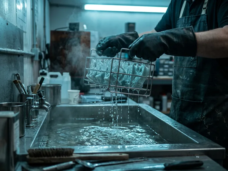 Illustration: a technician lifting a rack of freshly printed resin parts out of the solvent wash in the workshop
