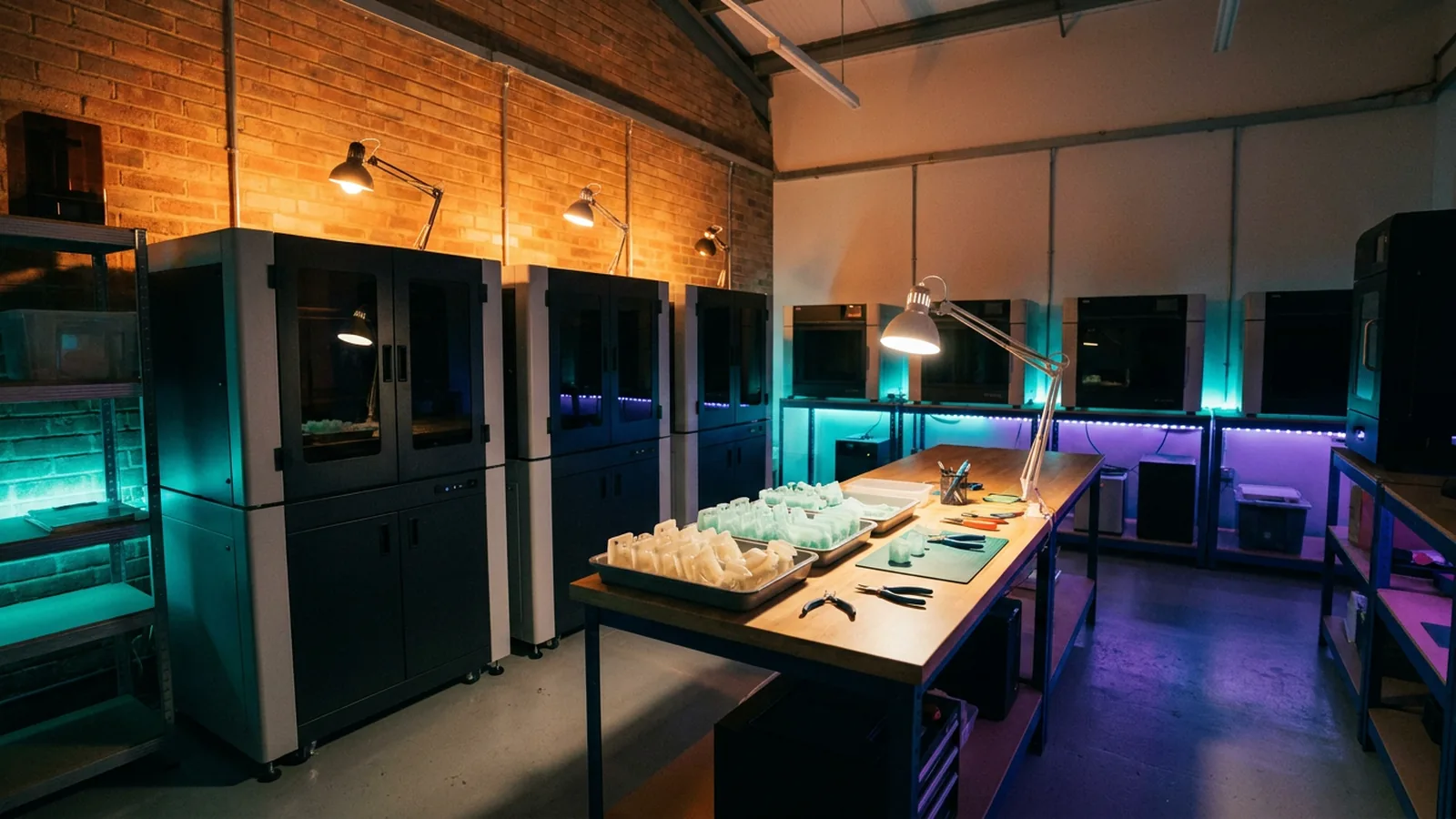 Illustration: the 3D Printing Express workshop, machines along one wall and trays of finished resin parts on the bench