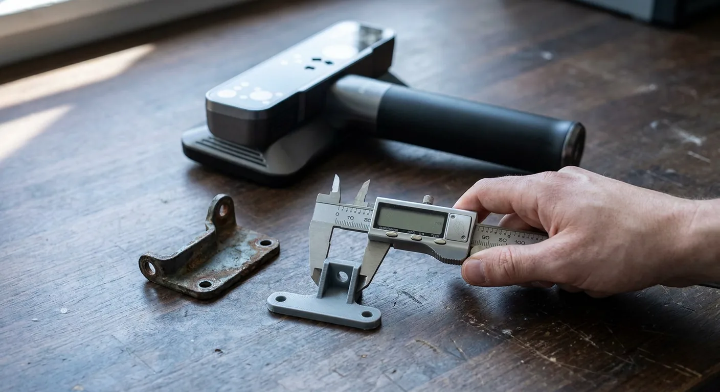 Illustration: digital calipers checking a 3D printed replacement bracket against the worn original, the scanner out of focus behind