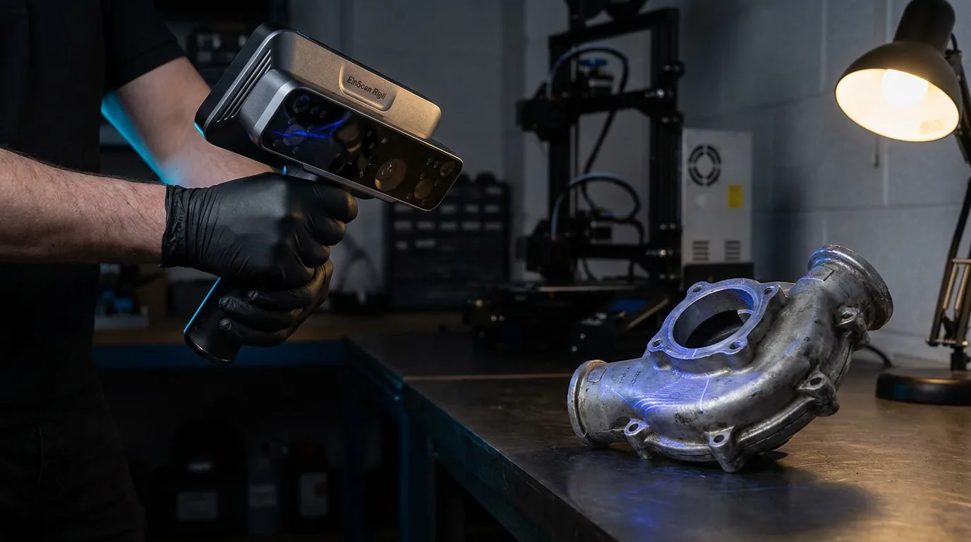 Illustration: our EinScan Rigil handheld 3D scanner capturing a worn aluminium housing on the workshop bench, blue laser trace across the part