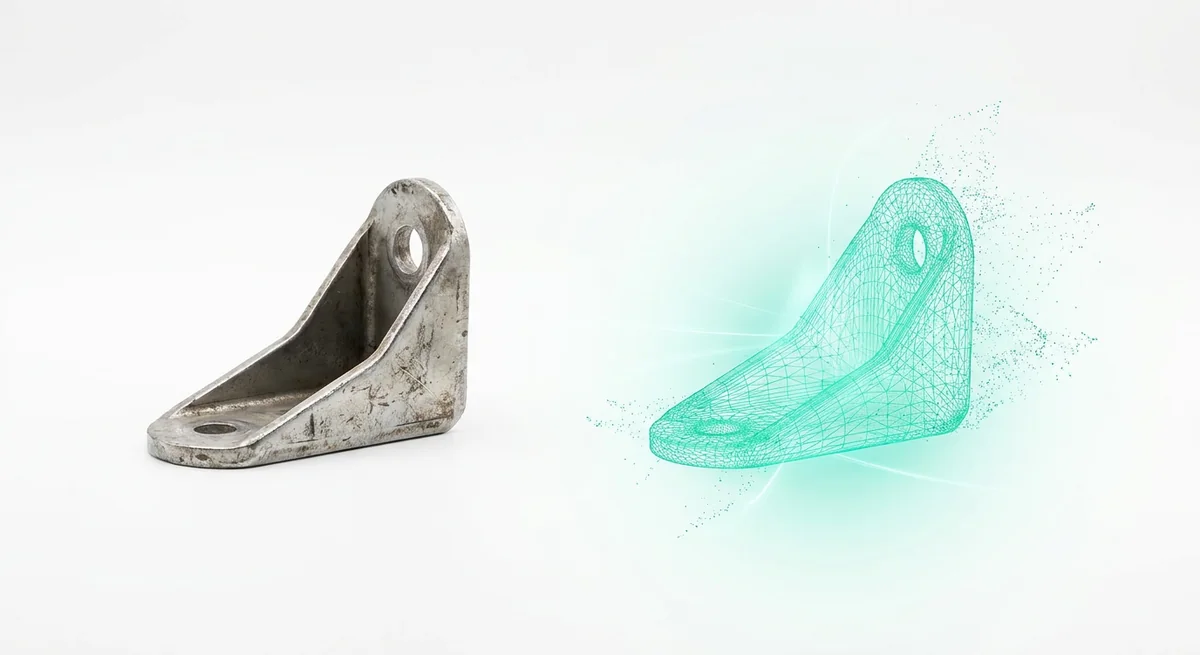 A physical engineering part on a workshop bench being 3D scanned into a digital point-cloud model