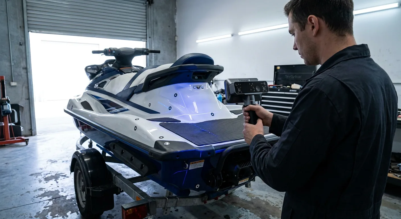 Illustration of the job: an engineer scanning the rear hull of a jet ski on its trailer with the EinScan Rigil, reference dots along the hull