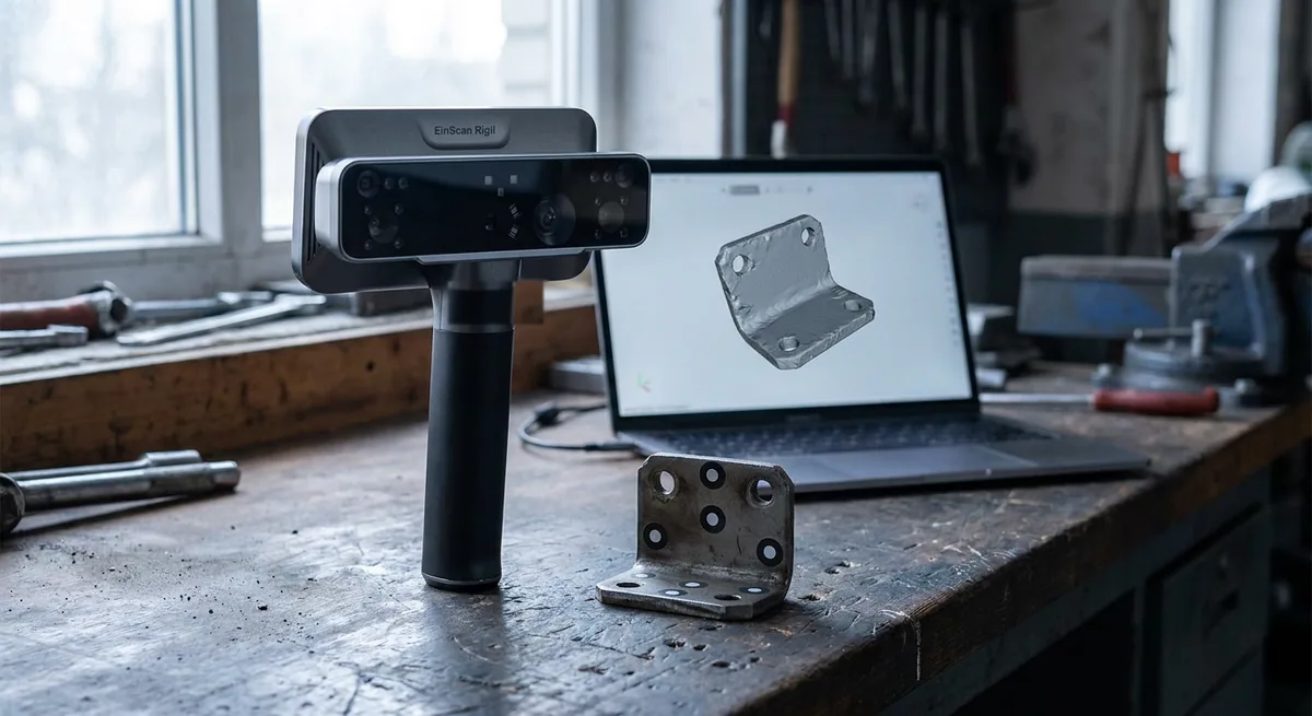 Illustration: the EinScan Rigil standing on the bench beside a bracket wearing reference dots, its grey mesh on the laptop behind