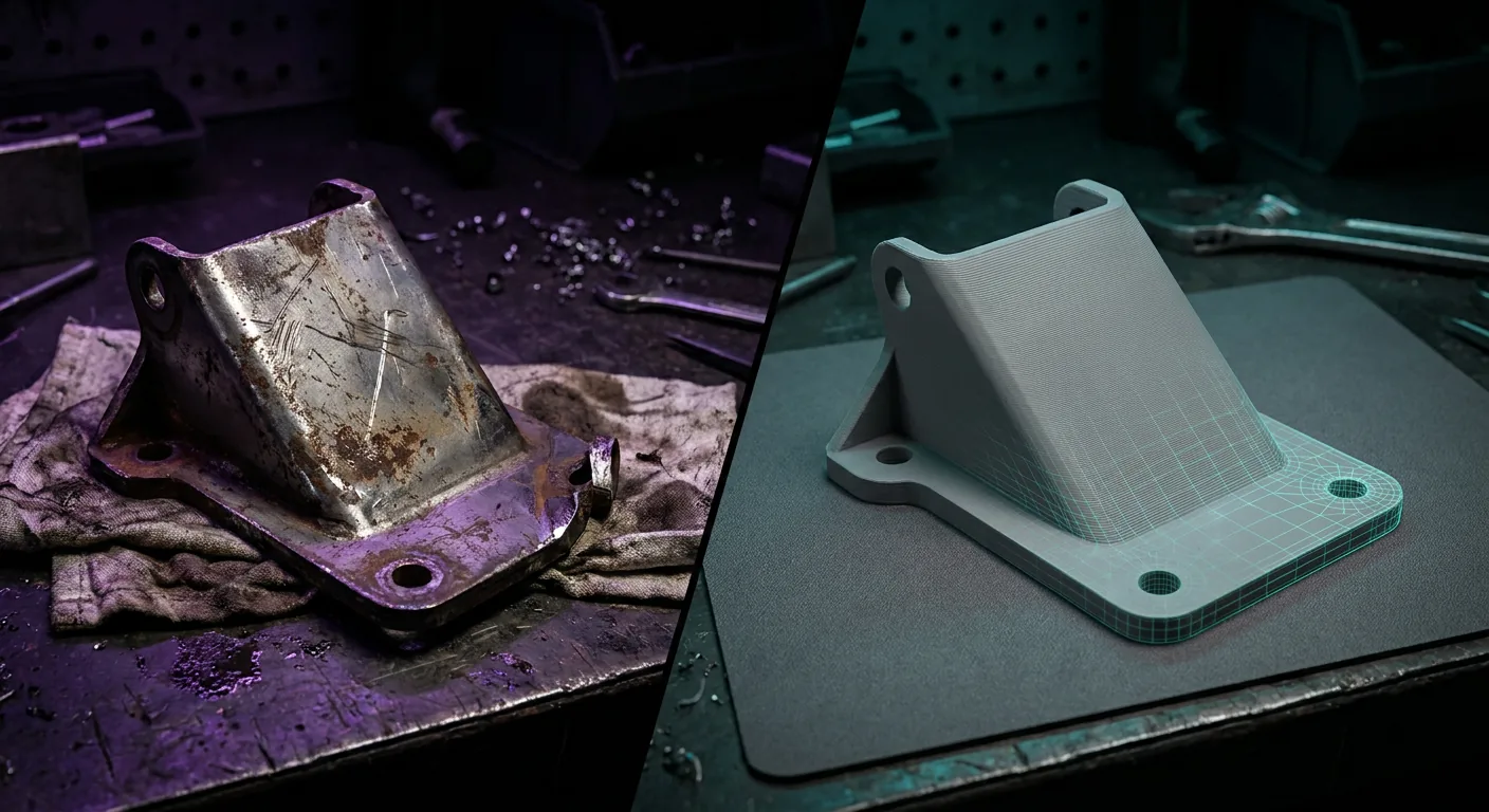 Illustration: a worn metal bracket beside a 3D printed replacement, a recovered part made again