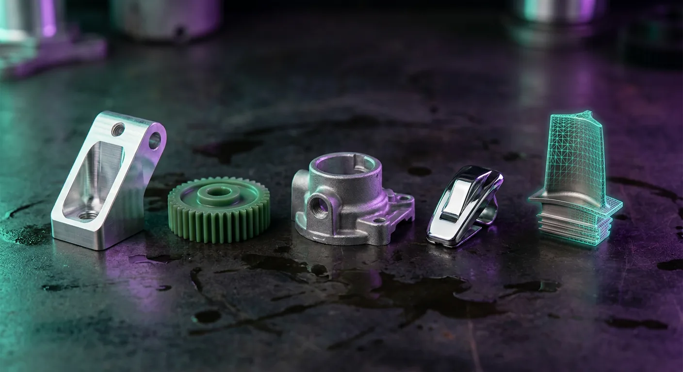 Illustration: a row of assorted engineering parts on a dark workshop bench, one overlaid with a 3D scan mesh